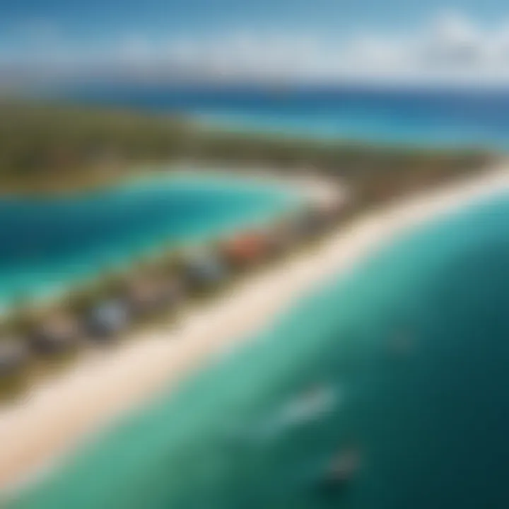 Aerial view of a kiteboarding destination with crystal clear waters and vibrant kite colors.