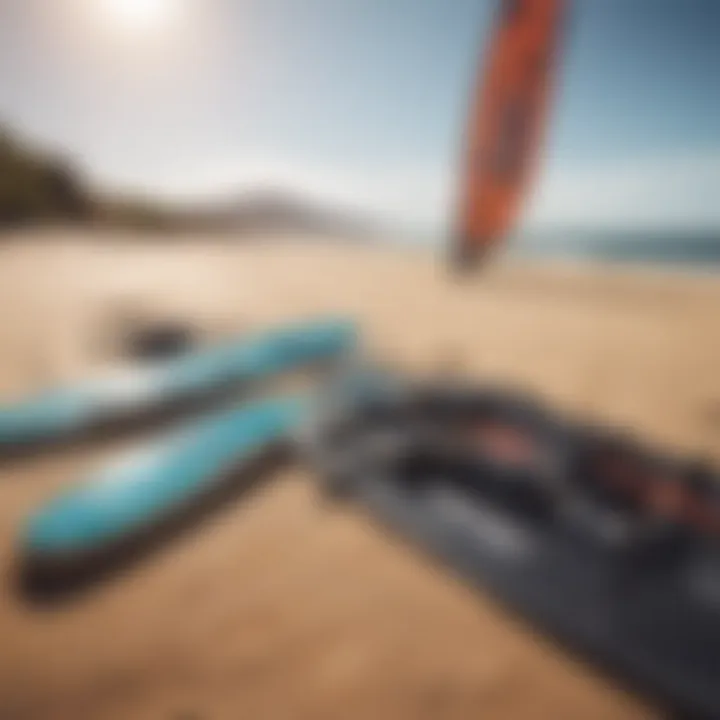 A collection of essential kiteboarding equipment laid out on a sandy beach, ready for adventure.