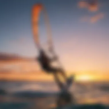 A kiteboarder gliding across the water during sunset, showcasing the beauty of the sport.