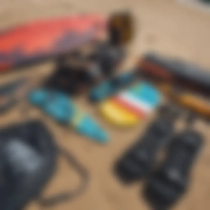 Kiteboarding gear laid out ready for an adventure on the shore