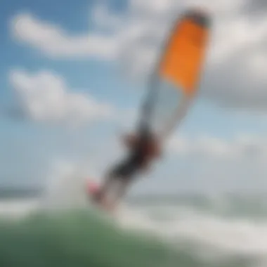 Wind patterns illustrated above a kiteboarder on a vibrant beach