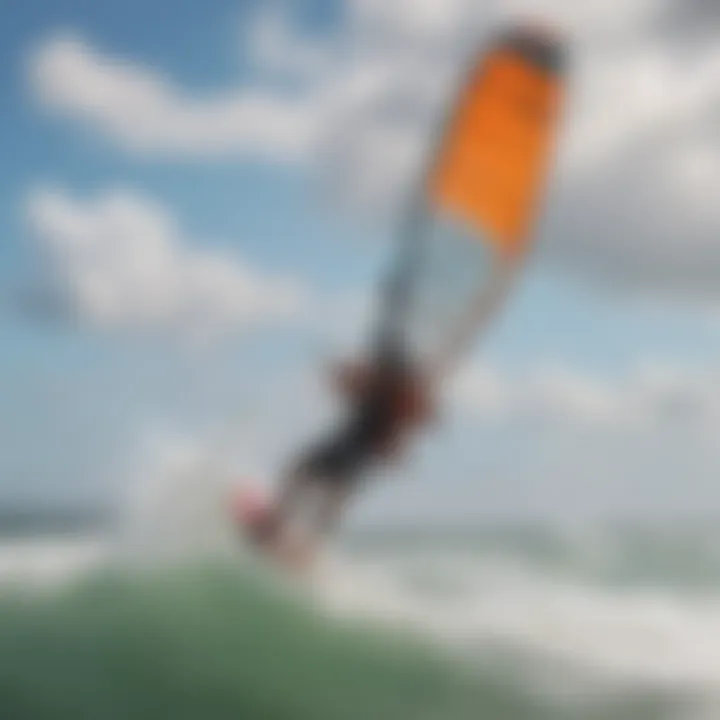 Wind patterns illustrated above a kiteboarder on a vibrant beach