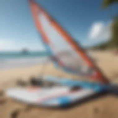 Detailed windsurfing gear displayed on the beach