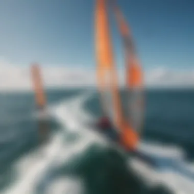 An aerial shot of a wing sailing competition on open waters