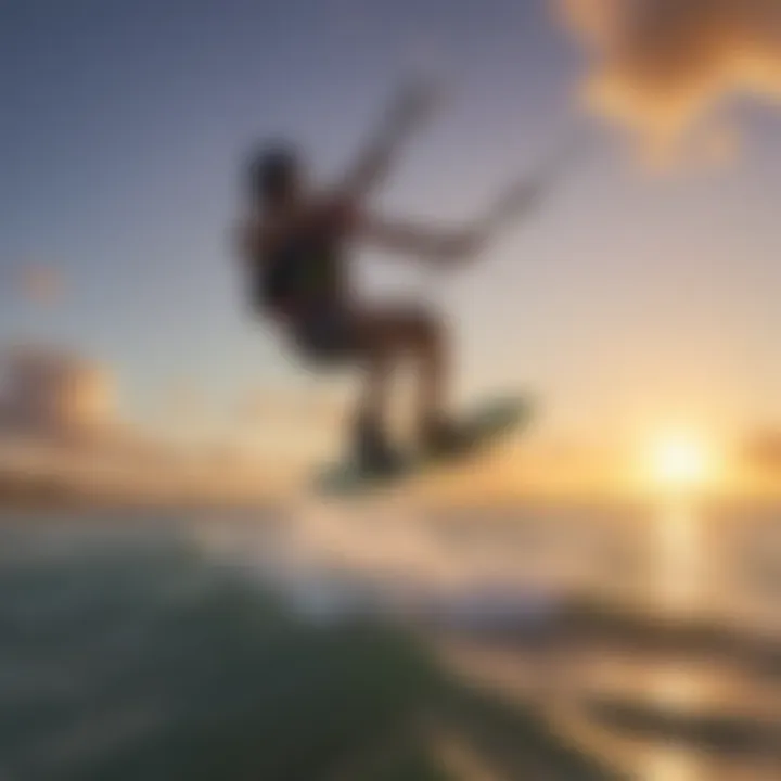 A kiteboarder gracefully gliding over the waves at Cat Island during sunset.