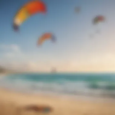 A tranquil beach scene with kites of different types being flown, illustrating the variety of kiteboarding options.