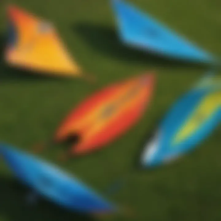 Close-up view of various kite designs laid out on a grassy field, highlighting their features and specifications.