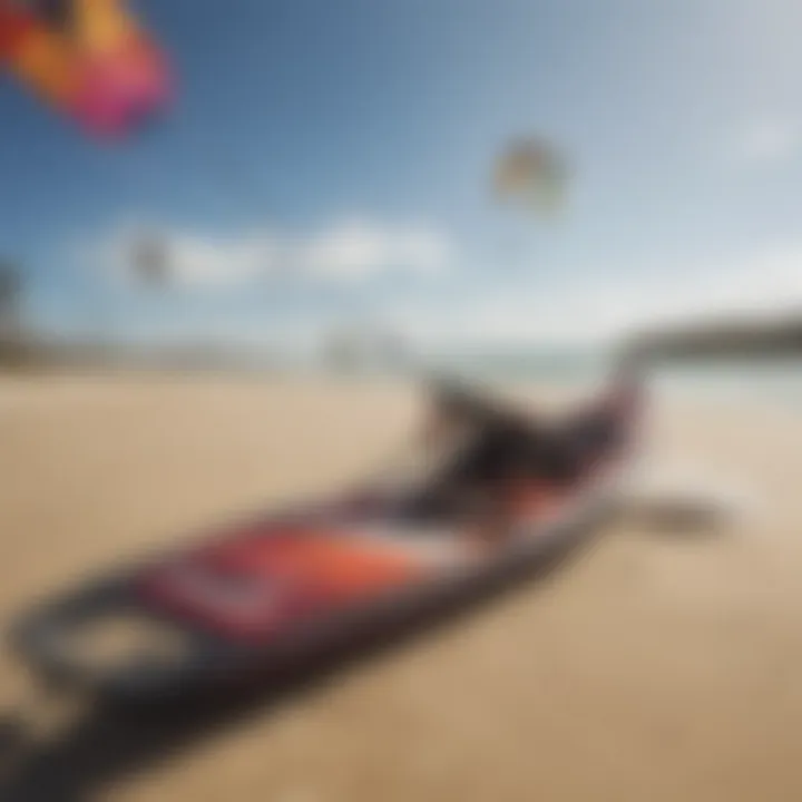 Close-up of kite and board on sandy beach