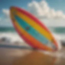 A vibrant kite surfboard against the backdrop of a sunny beach