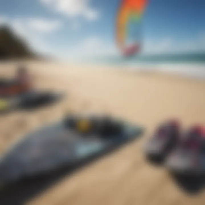 An array of kite surfing equipment laid out on the beach