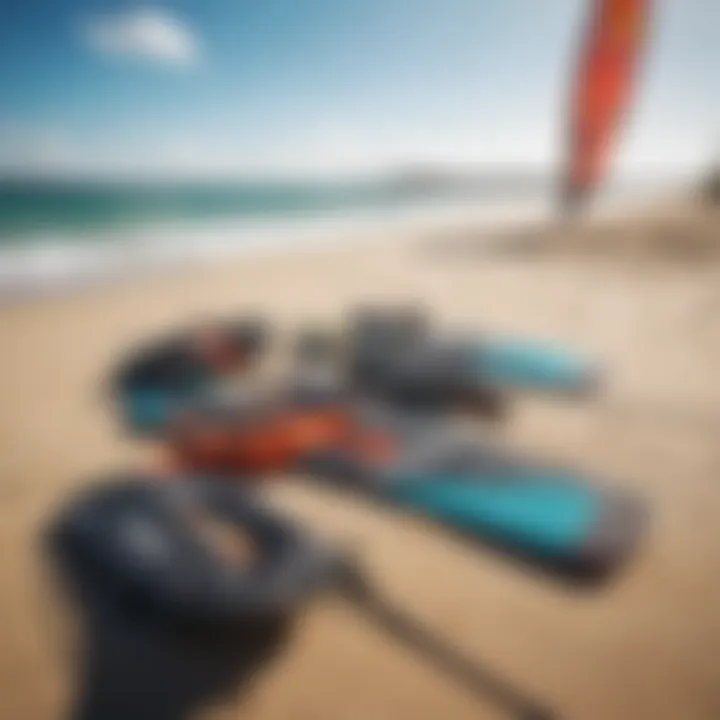 Close-up of kite surfing equipment laid out on the beach