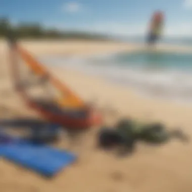 Kite surfing equipment arranged on the sandy shore