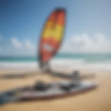 Close-up of kite surfing equipment set against a picturesque beach