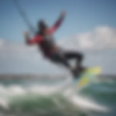 Kiteboarder utilizing starboard accessories during a session