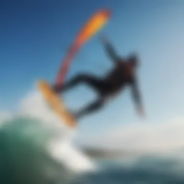 A kiteboarder gliding over waves with the sonic kite soaring above