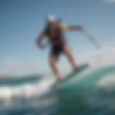 Kiteboarder demonstrating the use of a waist leash while riding waves