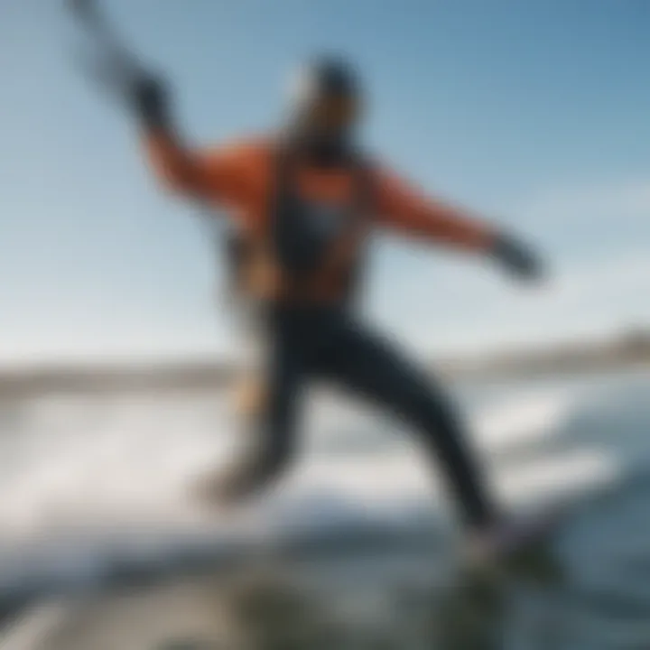 Kiteboarder using a drysuit in cold water