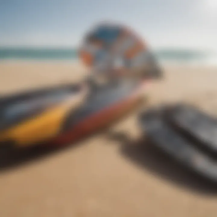 Close-up of essential kiteboarding equipment laid out on the sand