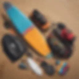 Complete kiteboarding kit displayed on the beach