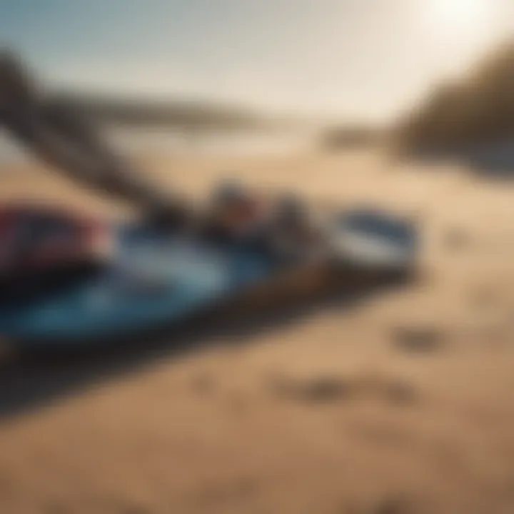 Close-up of essential kiteboarding gear laid out on the beach