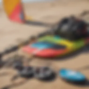 A well-organized kiteboarding gear setup on a sandy beach.