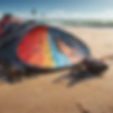 Close-up of kitesurfing gear laid out on the sandy beach