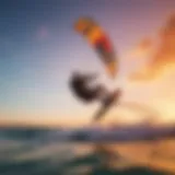 Kitesurfing at sunset showcasing vibrant colors in the sky