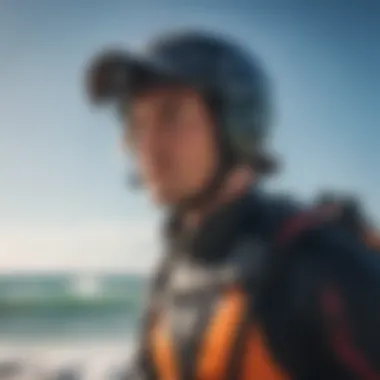 A kitesurfer adjusting their hat while preparing to hit the waves.