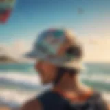 A vibrant kitesurfing hat with a unique design against a beach backdrop.