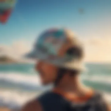 A vibrant kitesurfing hat with a unique design against a beach backdrop.