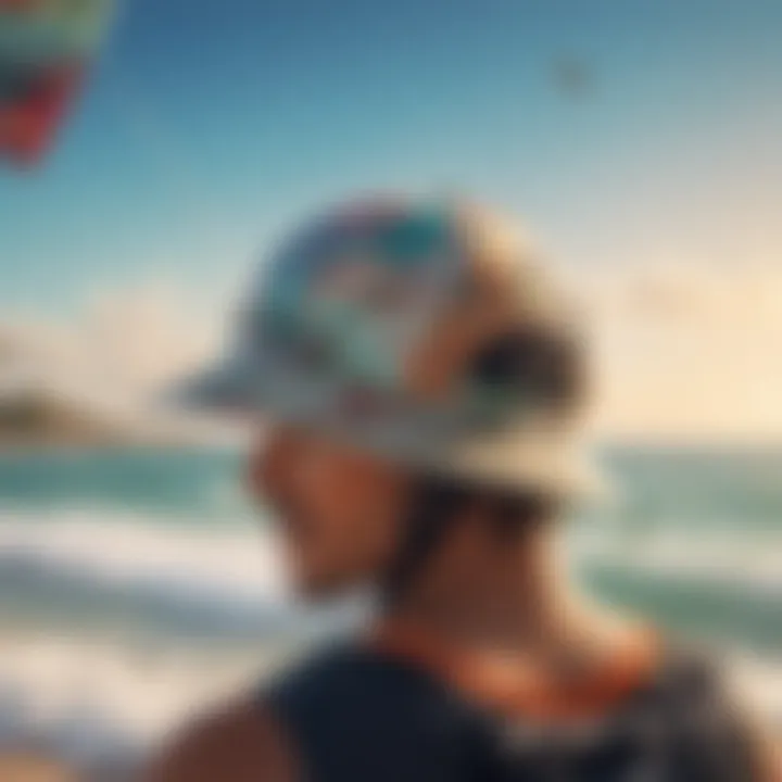 A vibrant kitesurfing hat with a unique design against a beach backdrop.