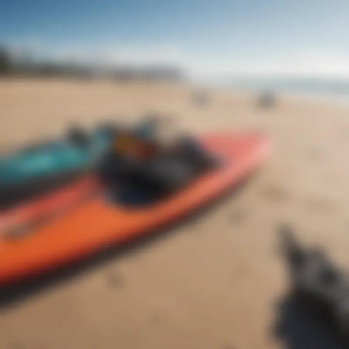 Close-up of kitesurfing equipment laid out on the beach