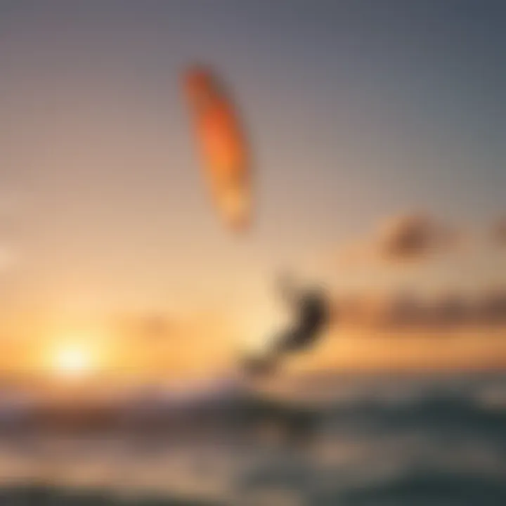 A serene sunset backdrop with kitesurfers in action