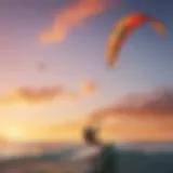 A vibrant kitesurfing scene showcasing colorful kites in the sky against a sunset backdrop.