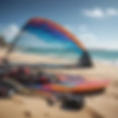 Close-up of kite surfing gear laid out on the beach