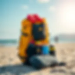 Kitesurfing backpack on a beach with gear