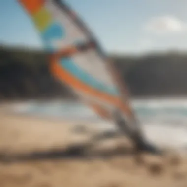 A detailed view of a kite foil setup on the beach