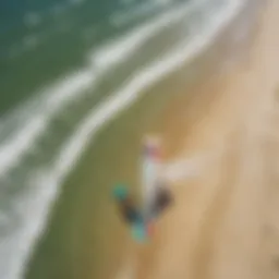 Aerial view of kiteboarders gliding over the waves at Outer Banks beach