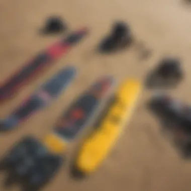 Advanced kiteboarding equipment laid out on the beach