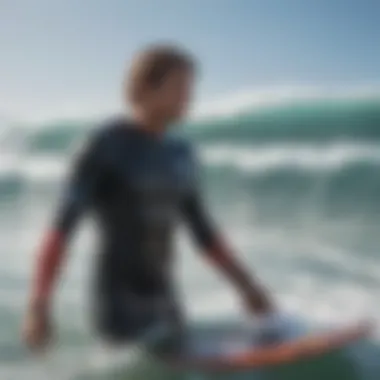 A surfer with surf mittens enjoying a wave in cold water