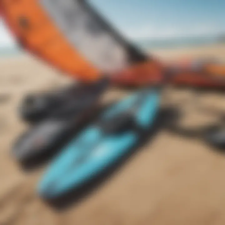 An assortment of kiteboarding equipment laid out on the beach