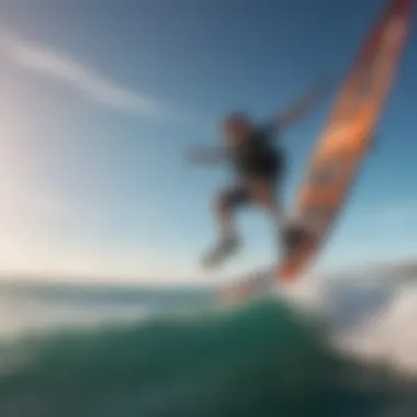 A captivating view of a kiteboarder soaring above the waves