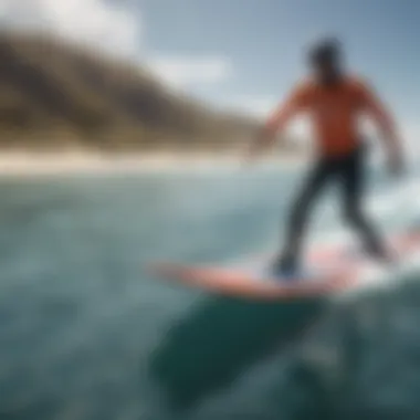 A hydro foil surf board in action, gliding smoothly above the water surface, demonstrating its functionality.