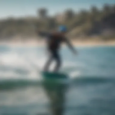 A scenic view of a kiteboarder utilizing a hydro foil surf board, capturing the intersection of two water sports.