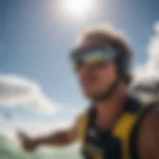 Kitesurfer wearing sunglasses against a bright sky