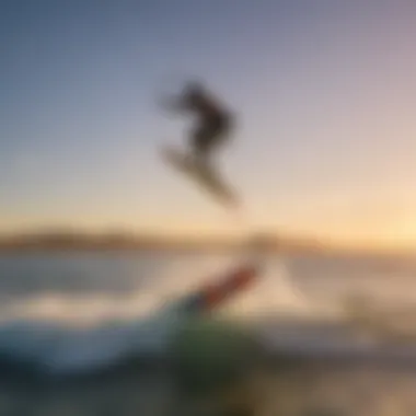 Kiteboarder performing a maneuver with a hydro foiling board at sunset