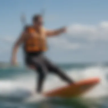 Kiteboarder demonstrating the safety features of a life vest