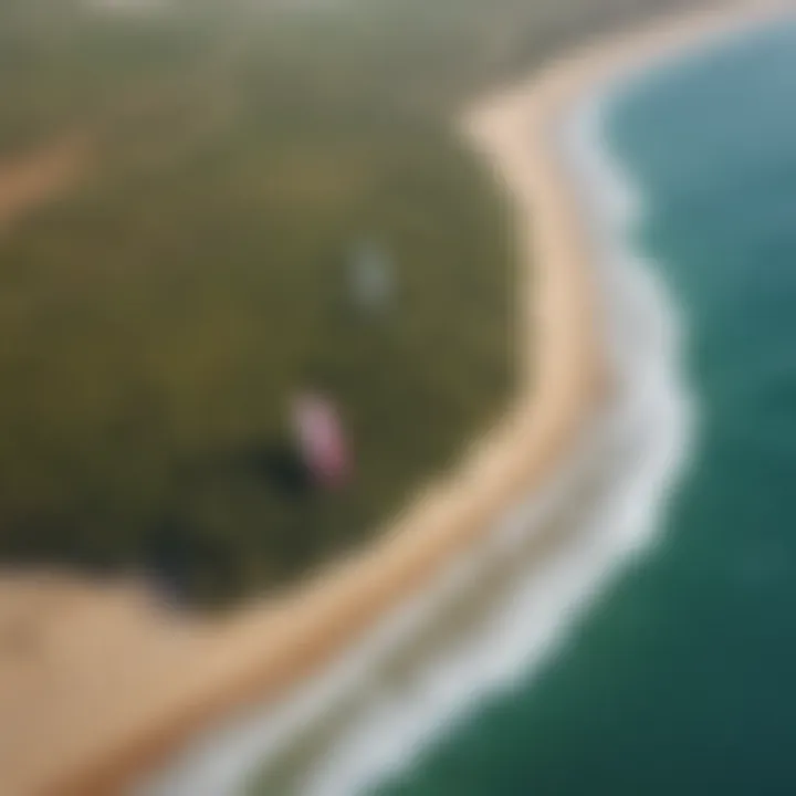 Aerial view of a kiteboarding location with natural wind barriers in the landscape.