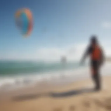 Kiteboarders checking wind conditions and preparing for a session on the shore