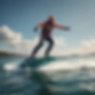 Scenic view of a rider gliding above the water on a hydrofoil board